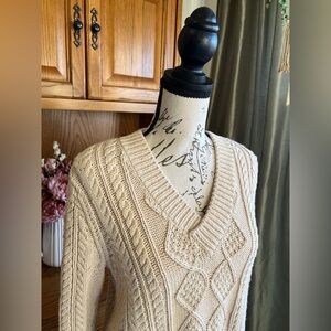 L.L. Bean Vintage Preppy Chunky Knit Cream 100% Cotton Fisherman's Sweater